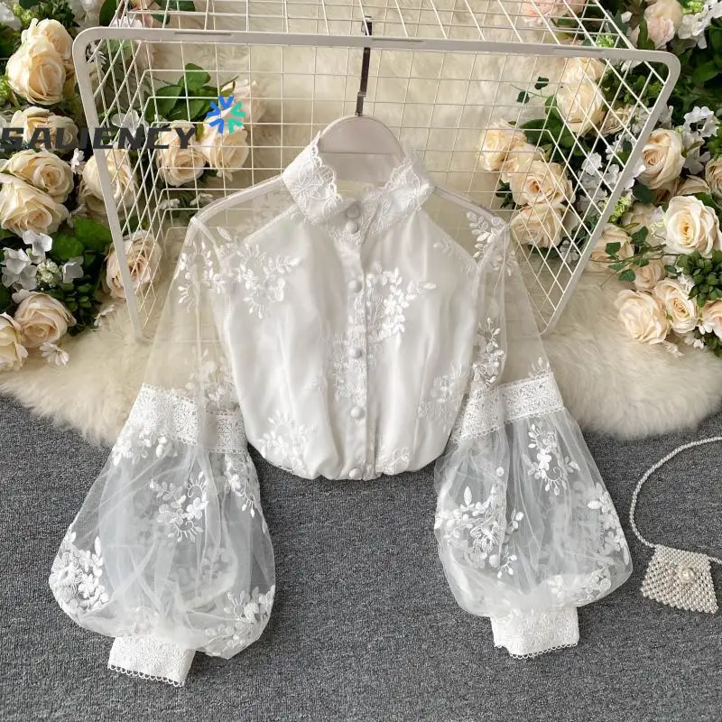 Top Trends: SALIENCY 2020 Autumn New French Vintage Heavy Mesh Lace Three-dimensional Embroidery Blouse Women Puff Sleeve Fairy Shirt Top Shoppable Styles