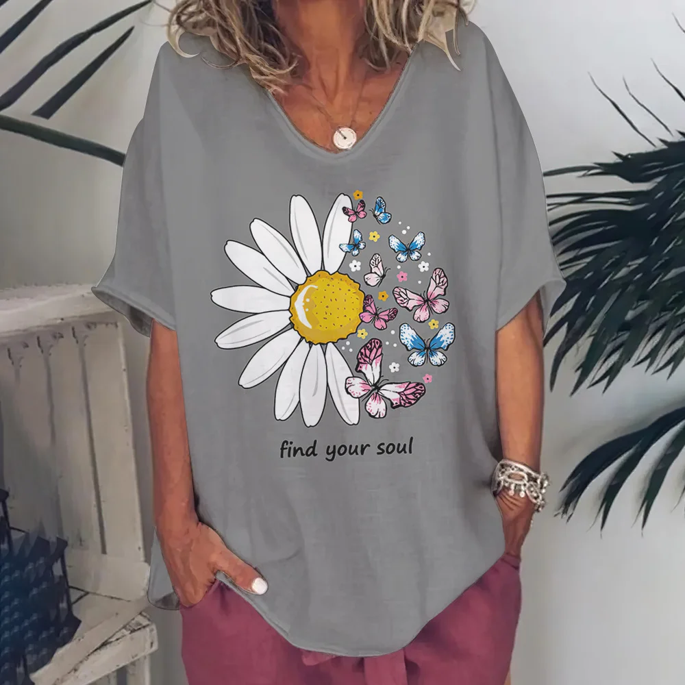 Top Trends: Simple Pattern Women&#039;s T Shirt Floral Print Harajuku Clothes Female V Neck Casual Tees Summer Loose Blouse Ladies Short Sleeve Shoppable Styles