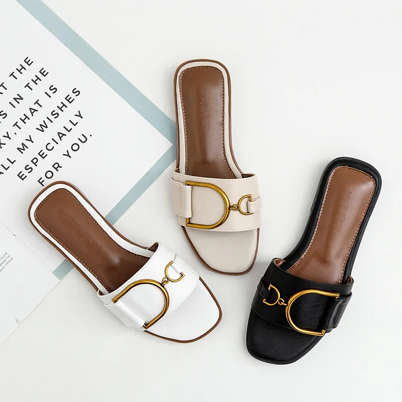 Top Trends: Summer Women Slippers Leather Square Toe Women Flats Flip Flops Designer Ladies Slides Sandals Women Shoes Luxury Sandals Shoppable Styles