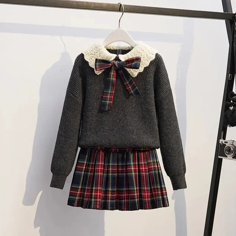 Top Trends: Teenage Girls JK Suit Clothing Winter Children Knitted Lapel Sweater Plaid Pleated Skirt Autumn School Clothes Trend Shoppable Styles - Image 2