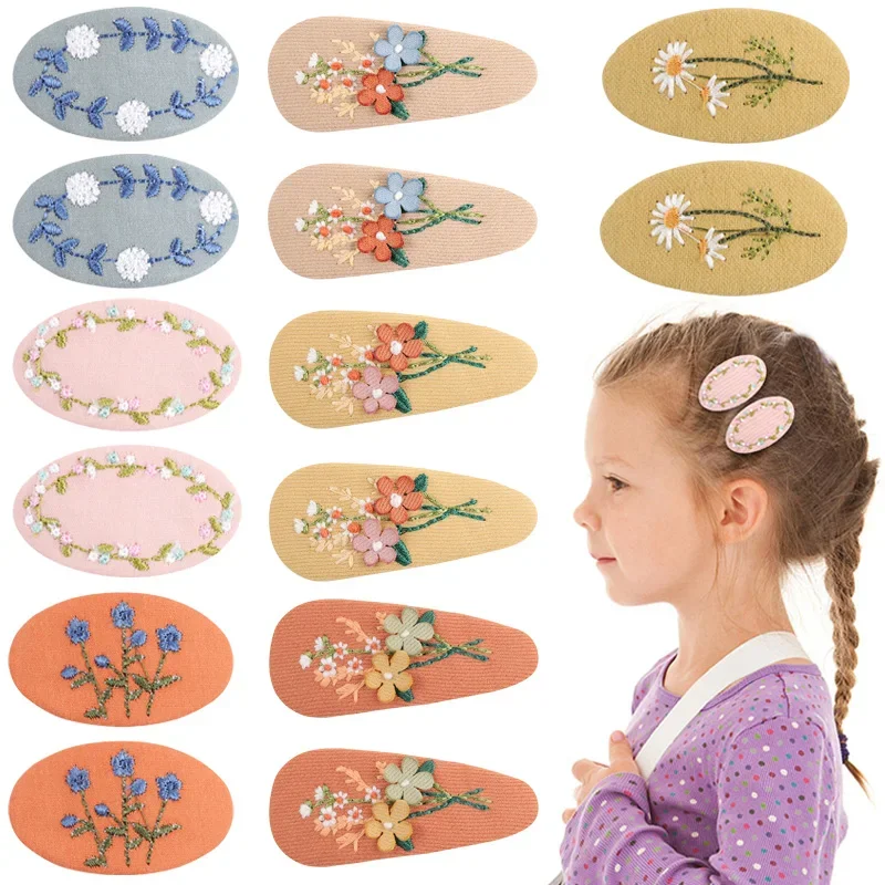 Top Trends: 2Pcs / lot Embroidery Daisy Hair Pins Children Flower Hair Clips Geometric Sweet Girls Hair Accessories Vintage Hairpins Barrettes Shoppable Styles