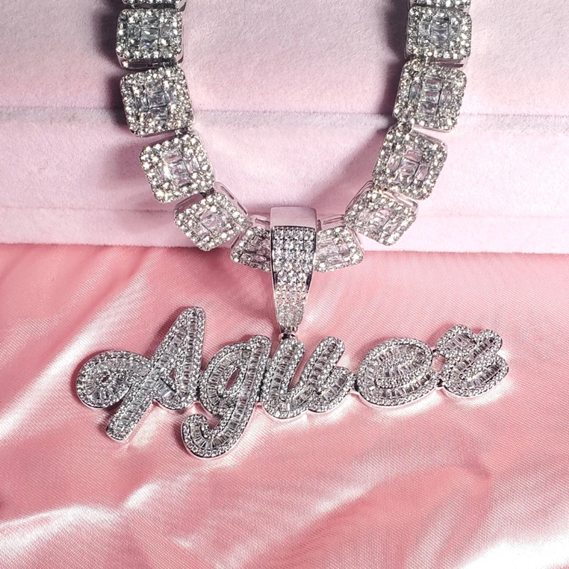 Top Trends: Custom Brush Cursive Iced Out Letter Name Pendant Word Necklace With Rhinestone Baguettes Chain Drop Shiping Shoppable Styles