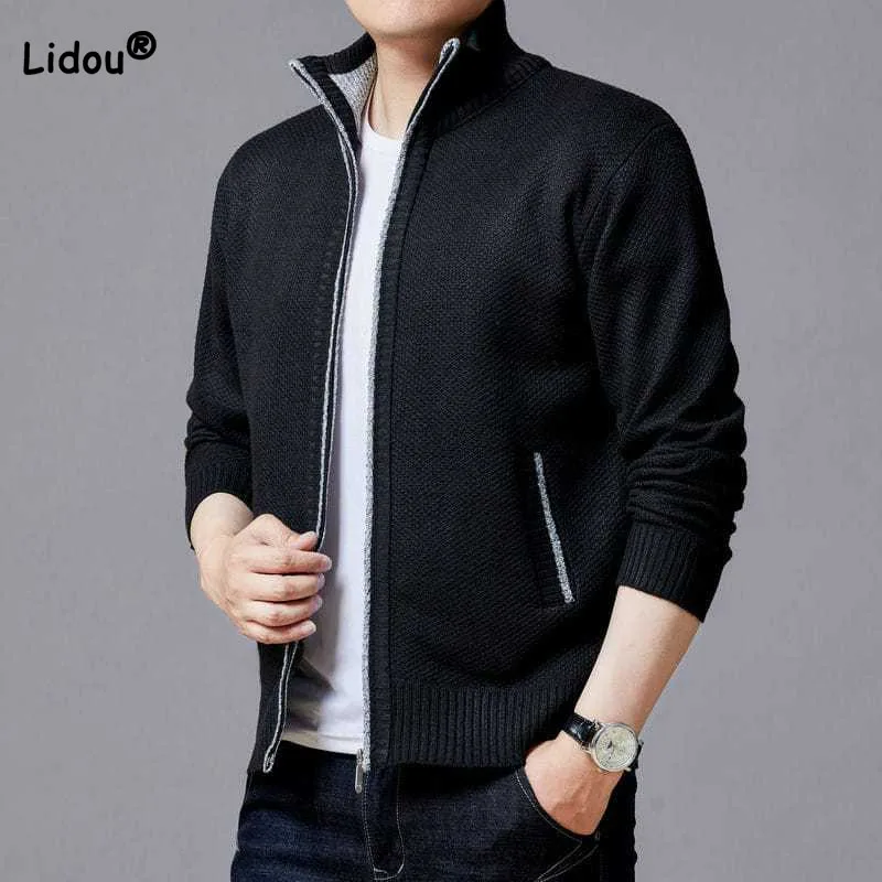 Top Trends: Trend Autumn Winter Men's Stand Collar Fashion Zipper Knitted Cardigan 2023 Male Clothes Long Sleeve All-match Sweaters Coat Shoppable Styles