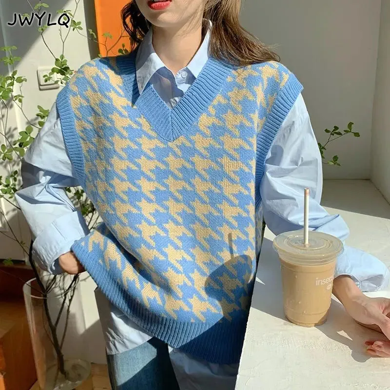 Top Trends: Women Sweater Vest Autumn Houndstooth Plaid V-neck Sleeveless Knitted Vintage Loose Oversized Female Sweater Vest Women Clothing Shoppable Styles