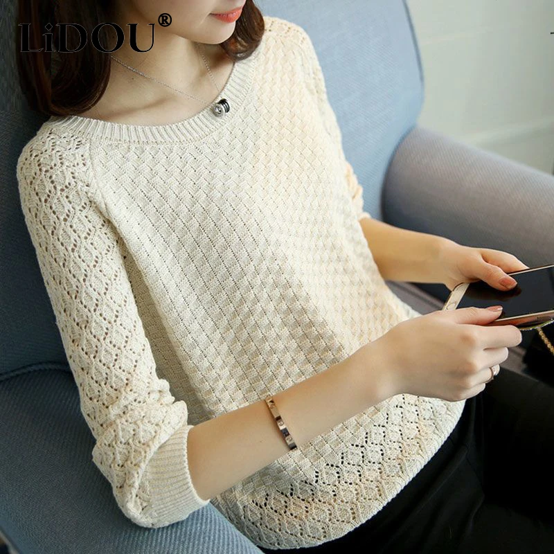 Top Trends: Spring Autumn Fashion Hollow Out Solid Color Sweater Female O Neck Loose Casual Jumpers Women&#039;s 3 / 4 Sleeve Knitted Pullovers Top Shoppable Styles