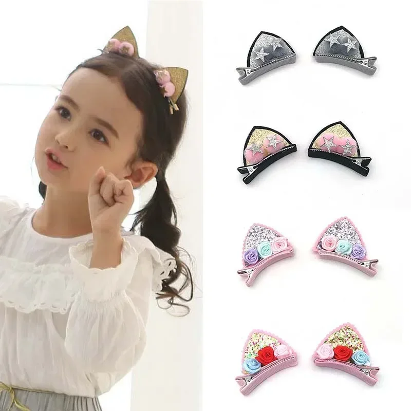 Top Trends: 2Pcs Cute Cat Ear Hair Clips For Girls Glitter Rainbow Felt Fabric Flower Hairpins Barrettes Kids Headwear Baby Hair Accessories Shoppable Styles