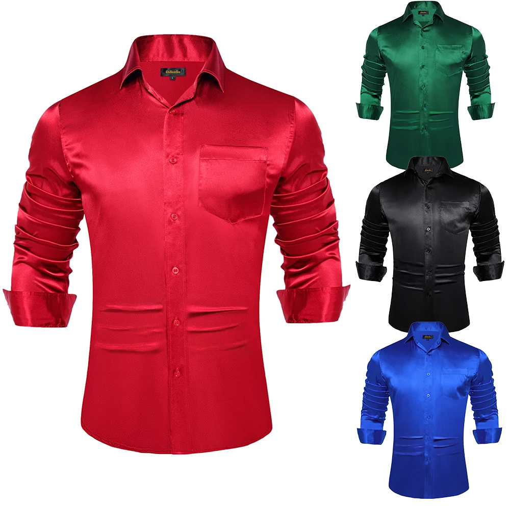 Top Trends: Red Green White Satin Dress Shirts For Men Long Sleeve Solid Prom Dancing Performence Clothing Men Shirts & Blouse Wholesale Shoppable Styles