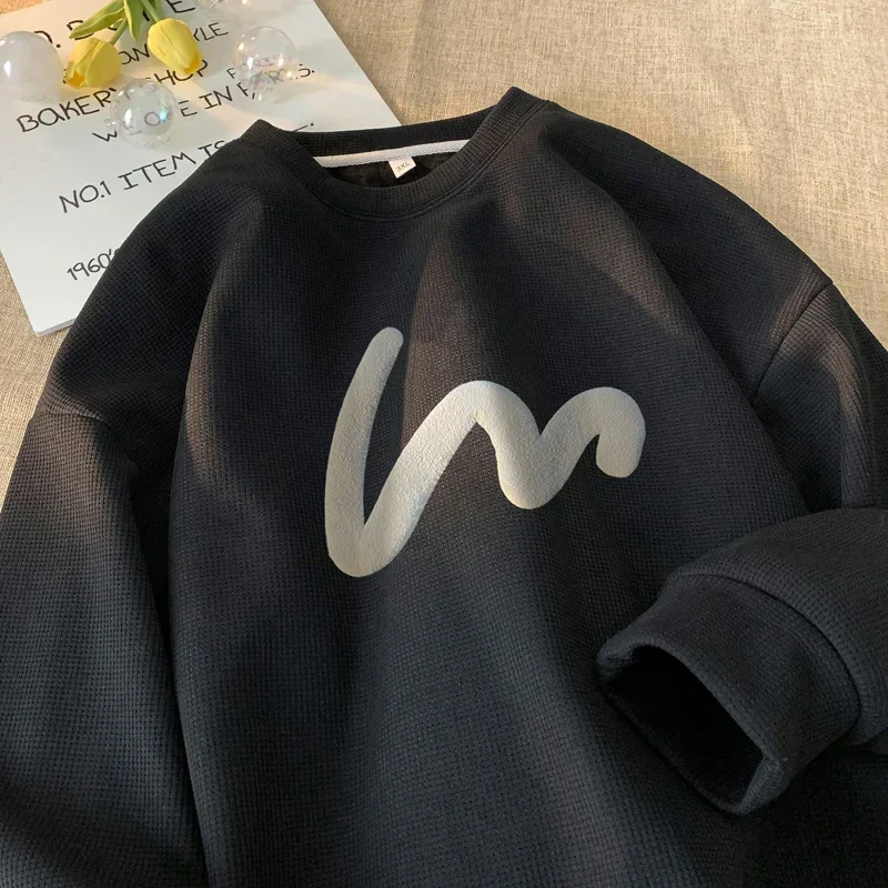 Top Trends: Korean Men Sweatshirt Comfortable Waffle Fabric Crew Neck Sweatshirts Wave Print Casual Loose Sports Pullovers Streetwear Hoodie Shoppable Styles - Image 2