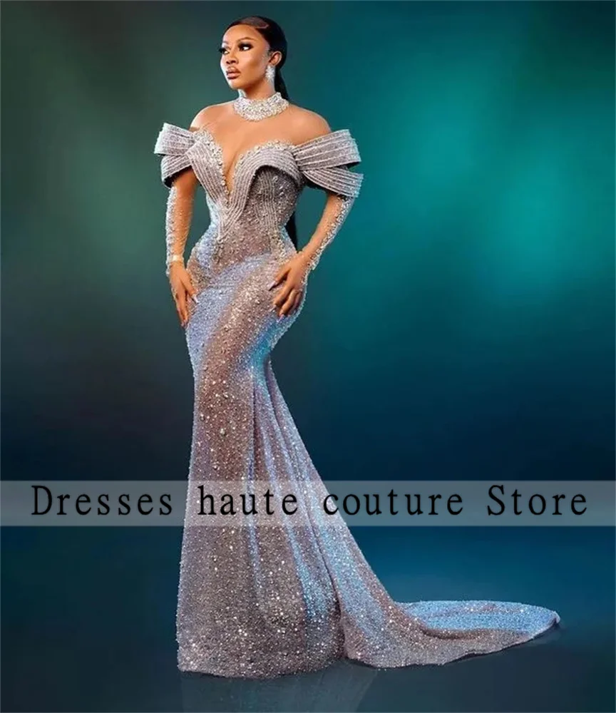 Top Trends: Aso Ebi Luxury Silver Lace Beaded Evening Dresses 2024 Lace Up Back African Mermaid Prom Dress Custom Wedding Party Gown Shoppable Styles