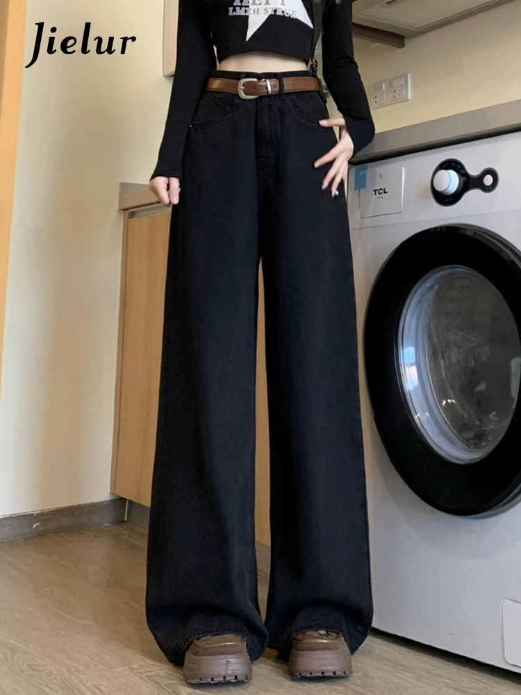 Top Trends: Jielur Black Loose High Waist Straight Women's Jeans New Full Length Solid Color Casual Basic Female Wide Leg Pants Office Lady Shoppable Styles