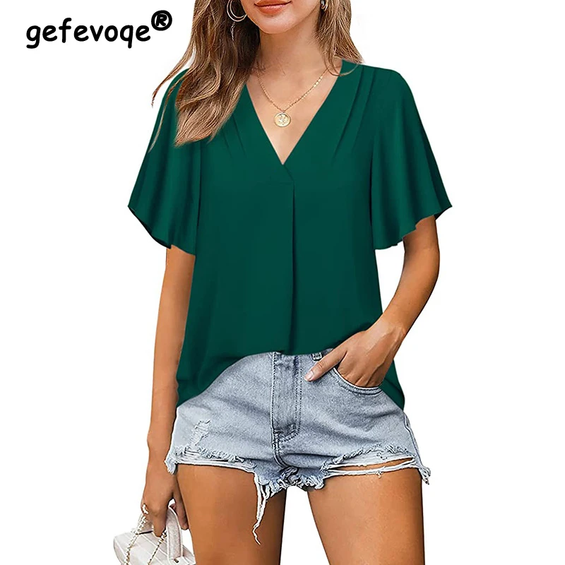 Top Trends: Women Fashion Blouses 2022 Summer Clothing Casual V Neck Short Sleeve Solid Color Office Ladies Loose Chiffon Shirts Tunic Tops Shoppable Styles