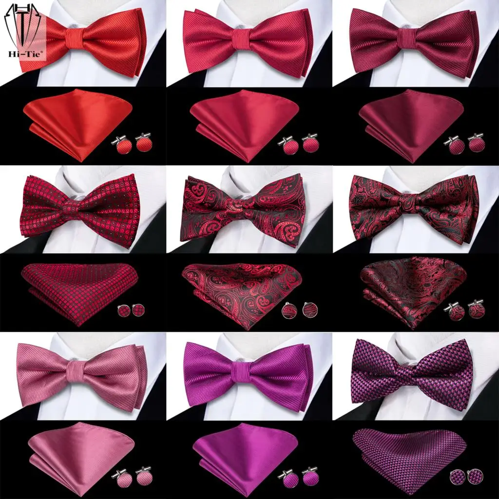 Top Trends: Hi-Tie Rose Red Burgundy Maroon Silk Mens Bow Tie Hanky Cufflinks Set Pre-tied Butterfly Knot Bowtie For Male Wedding Business Shoppable Styles