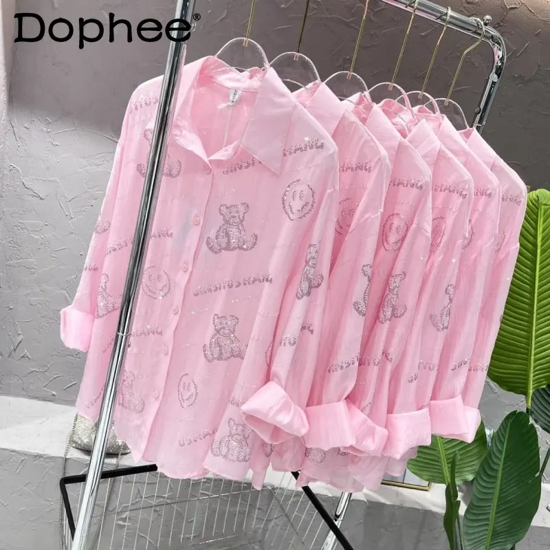 Top Trends: 2023 Summer New Letter Bear Hot Drilling Light Cool Sun Protection Shirt Women's Loose Casual See-through Sweet Pink Blouses Top Shoppable Styles