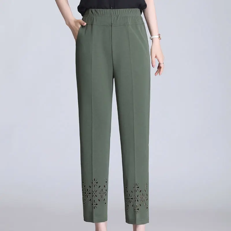 Top Trends: Korean Fashion Women Thin Straight Pants Spring Summer High Waist Elastic All-match Solid Hollow Out Loose Casual Pencil Trouser Shoppable Styles