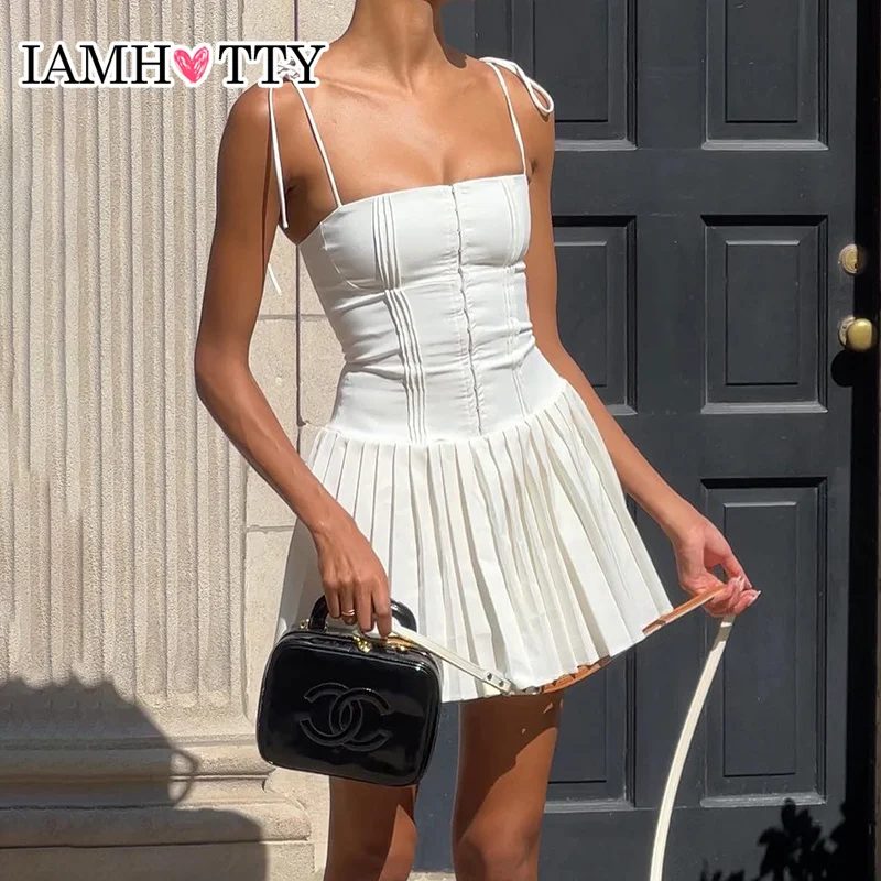 Top Trends: IAMHOTTY Party Holiday A-line Pleated Sleeveless Corset Dress White Buckle Up Lace-up Straps Chic Mini Dresses High Streetwear Shoppable Styles