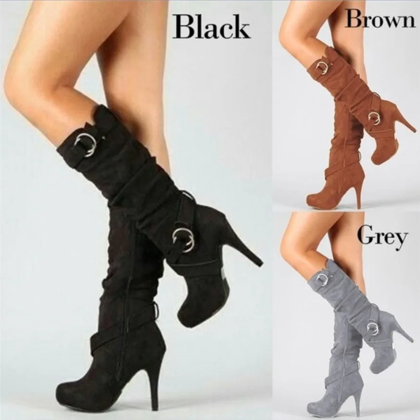 Top Trends: Women Super High Heel Boots Winter Fashion Buckle Strap Zipper Knee High Boots Platform Females Shoes Ladies Long Boots Botas Shoppable Styles - Image 5