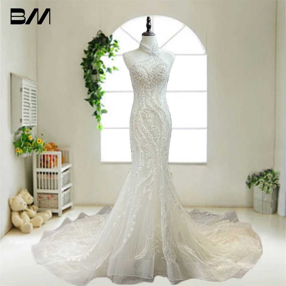 Top Trends: Indicate Beads Mermaid Bride Dress With Flare Long Train Halter Wedding Dresses For Women Tulle Bridal Gown Robe De Mariee Shoppable Styles