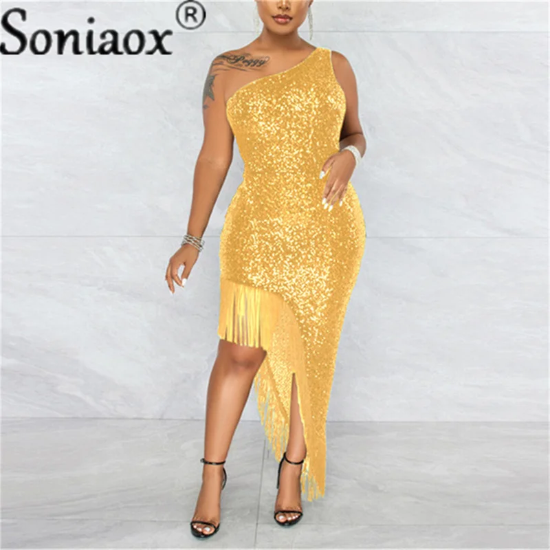 Top Trends: Women Sexy One Shoulder Solid Shiny Sequin Fringe Dress Ladies Tassel Irregular Slit Elegant Evening Prom Party Dress 2022 New Shoppable Styles - Image 3