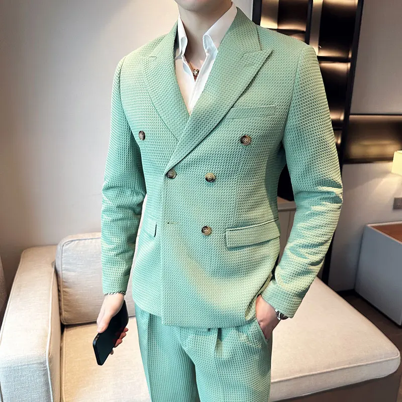 Top Trends: (Jacket+ Pants) Men Blazers High Quality Double Breasted Business Suits / Male Slim Fit Waffle Groom's Wedding Dress Casual Tuxedo Shoppable Styles