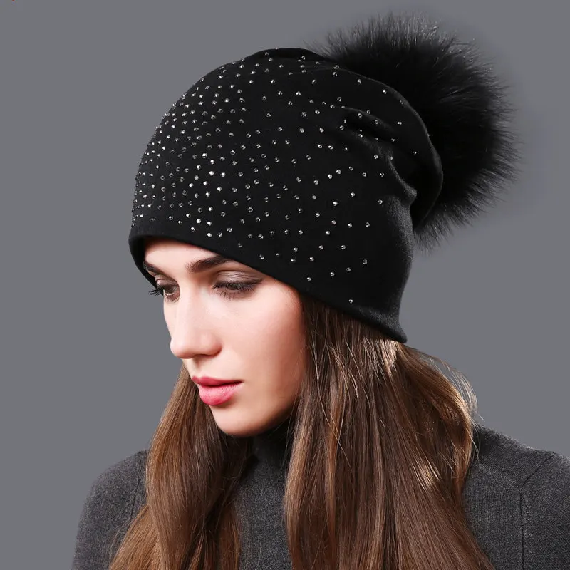 Top Trends: Women's Pompom Beanie Hats Autumn Winter Rhinestones Cotton Slouchy Beanies For Women Ladies Hat With Genuine Raccoon Fur Pompon Shoppable Styles