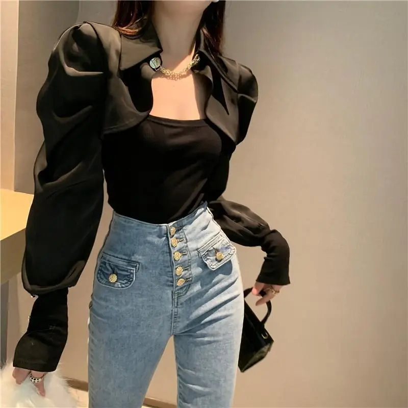 Top Trends: Office Lady Solid Color Patchwork Shirt Slim Fake Two Pieces Spring Autumn Women's Clothing Korean Fashion Button Chain Blouse Shoppable Styles - Image 5