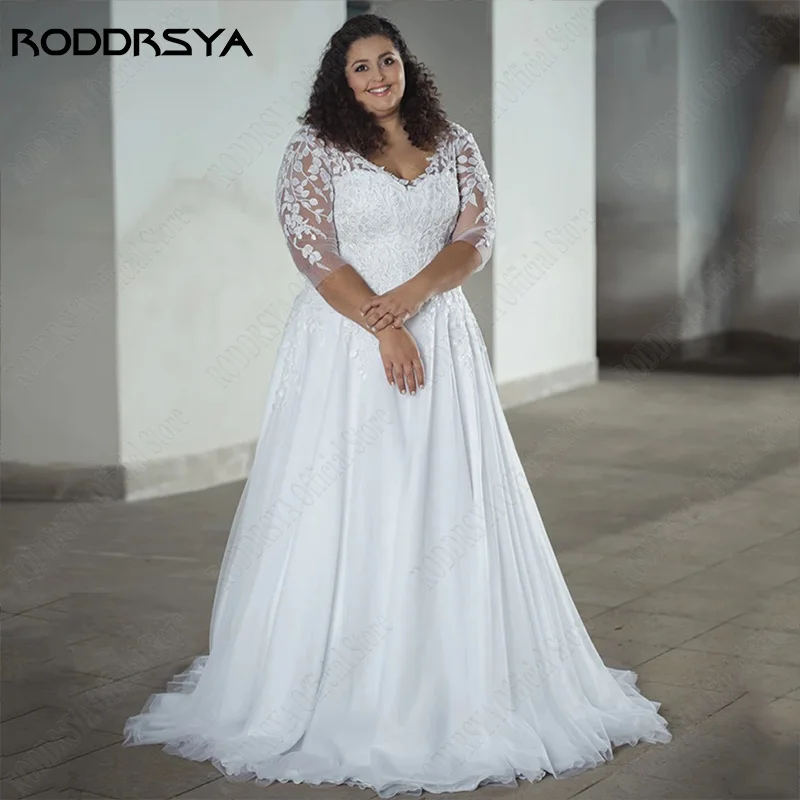 Top Trends: RODDRSYA 3 / 4 Sleeve Plus Size Wedding Dresses For Bride V-Neck Appliques Vestido Noiva Boho Lace Up Bride Gown Beach Custom Made Shoppable Styles