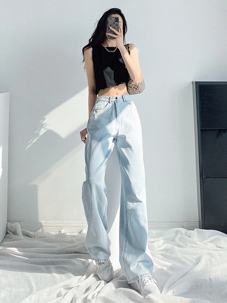 Top Trends: Light Blue Baggy Jeans Women New High Waist Loose Denim Wide Leg Pants Streetwear Drape Straight Trousers S-5xl Shoppable Styles