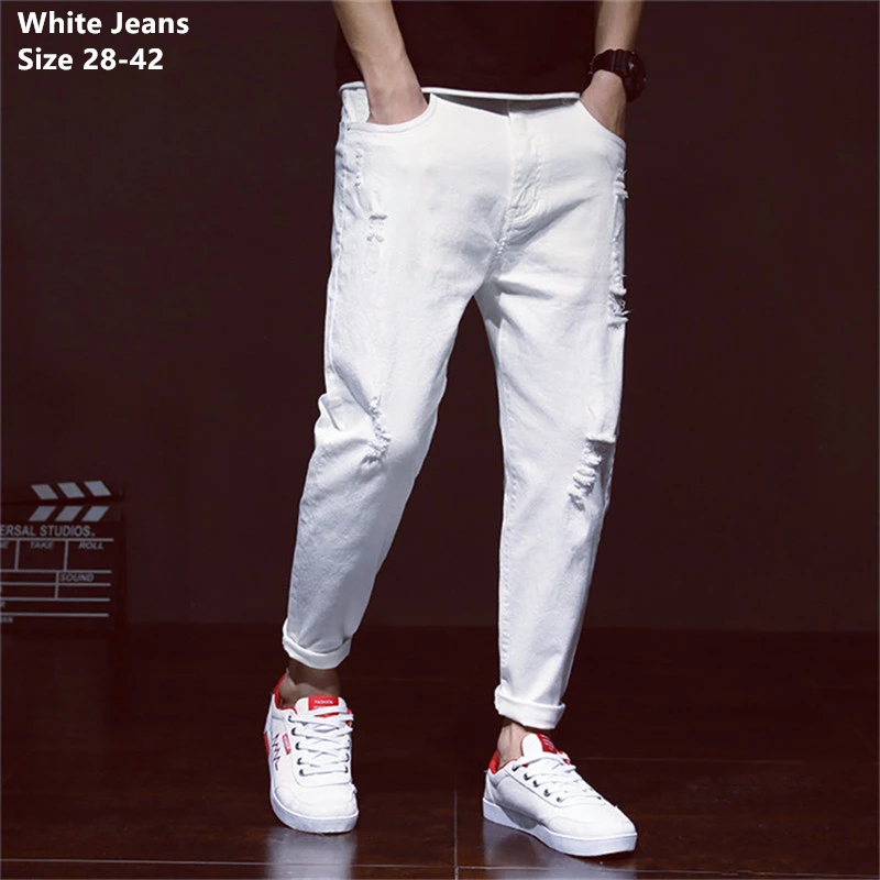 Top Trends: Ripped White Denim Distressed Mens Pants Cowboy Holes Black Fashion Plus Size 42 40 38 Ankle Length Trousers Big Loose Jeans Shoppable Styles