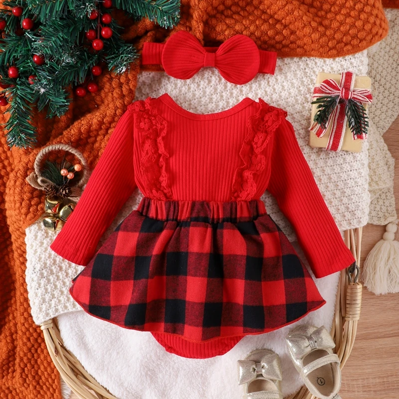 Top Trends: Christmas 0-1Y Infant Baby Girls Romper Dress Plaid Print Patchwork Long Sleeve Round Neck Lace Jumpsuit + Headband Shoppable Styles - Image 2