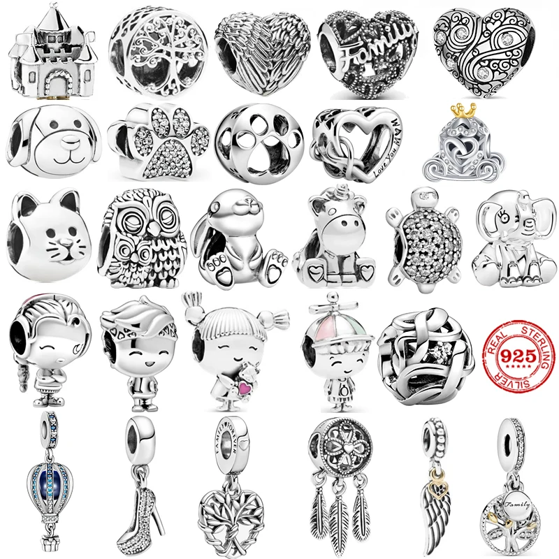 Top Trends: 925 Sterling Silver Boy Girls Feather Cat Dog Family Tree Beads Fit Original Pandora Charms Bracelet Women DIY Fine Jewelry Gift Shoppable Styles