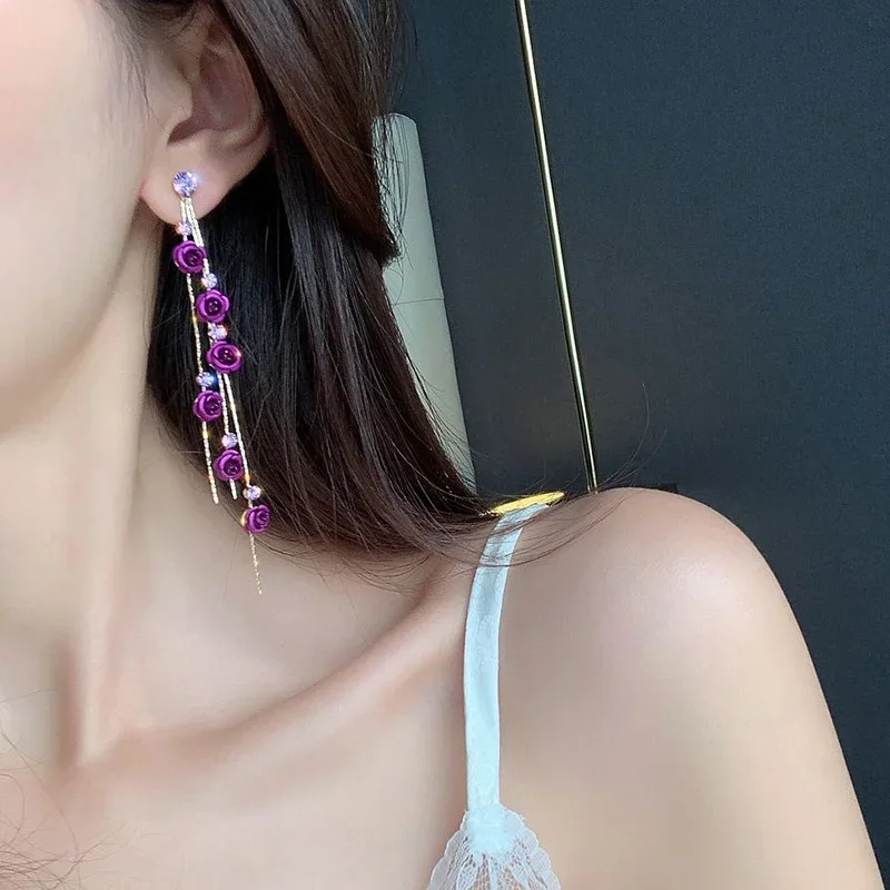 Top Trends: Delysia King Women 2021 Trendy Versatile Rose Earrings Alloy Rhinestone Long Tassels Elegant Temperament Eardrop Shoppable Styles - Image 4