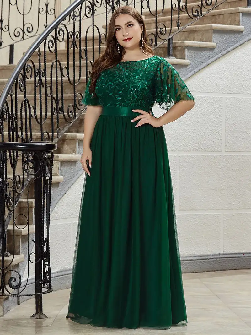 Top Trends: Elegant Evening Dresses O-Neck Sequin Tulle Print Floor Length 2024 New Ever Pretty Of Sleeve Plus Size Prom Dress For Women Shoppable Styles