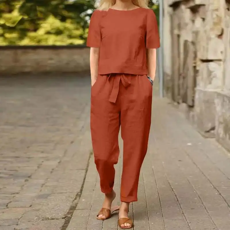 Top Trends: Spring Cotton Linen Women's Tracksuit Suit Short Sleeve Top Loose Pants Set Female Casual Fashion Elegant Ladies 2 Piece Sets Shoppable Styles