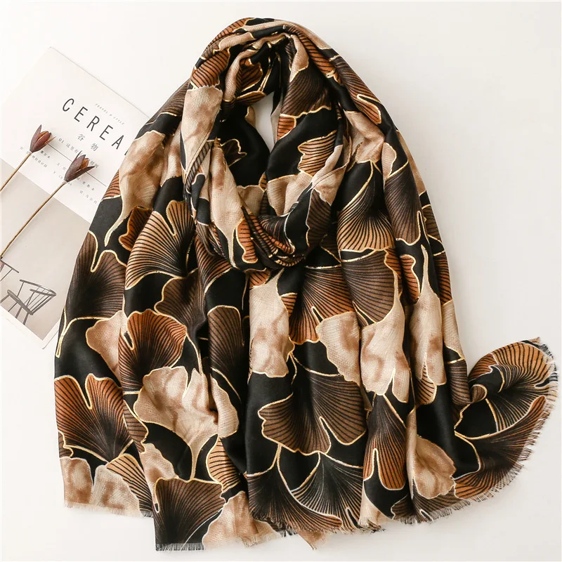 Top Trends: Fashion Ombre Lurex Golden Ginkgo Floral Fringe Viscose Shawl Scarf High Quality Print Wrap Pashmina Stole Muslim Hijab 180*90Cm Shoppable Styles