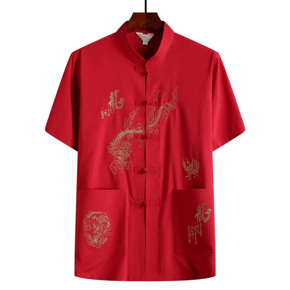 Top Trends: Men Tangs Suit Top Embroidery Dragon Short Slleve Men Shirt Solid Color Stand Collar Chinese Kung Fu Wing Chun Garment Shirt Shoppable Styles