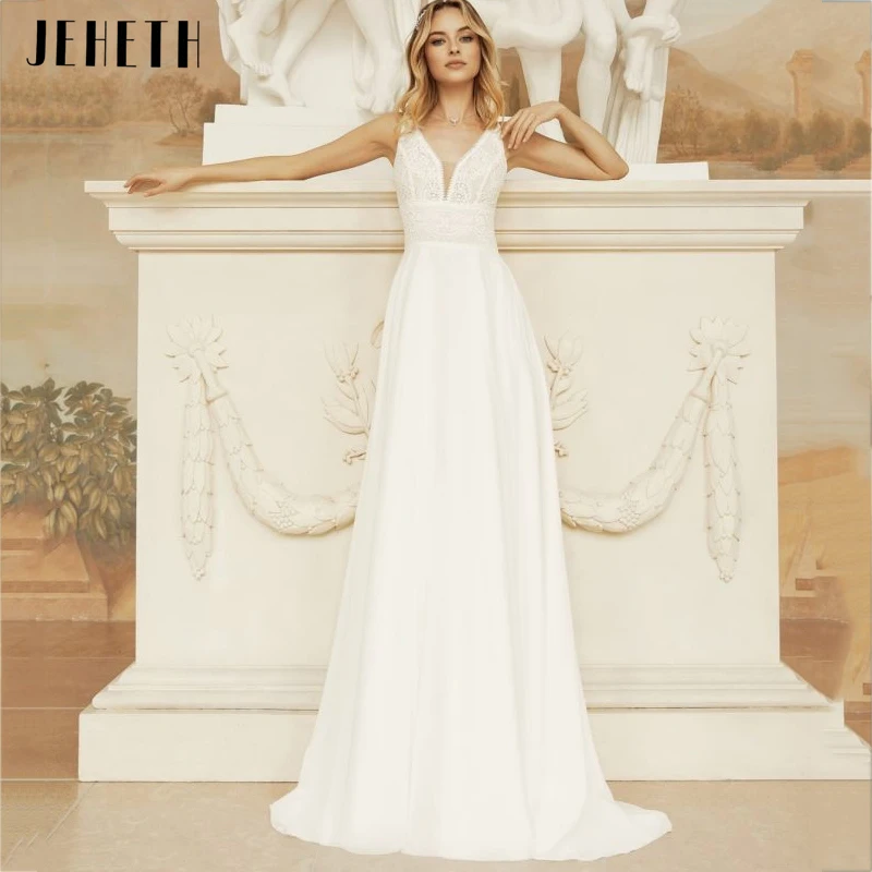 Top Trends: JEHETH Elegant A-Line Wedding Dress Beach Chiffon Appliques Lace Bridal Gown V-Neck Classic Bohemian Vestidos De Noiva For Bride Shoppable Styles