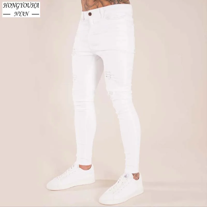 Top Trends: Fashion White Skinny Ripped Jeans Men Elastic Stretch Slim Denim Pants Streetwear Motorcycle Hip Hop Jean Jogging Denim Trousers Shoppable Styles