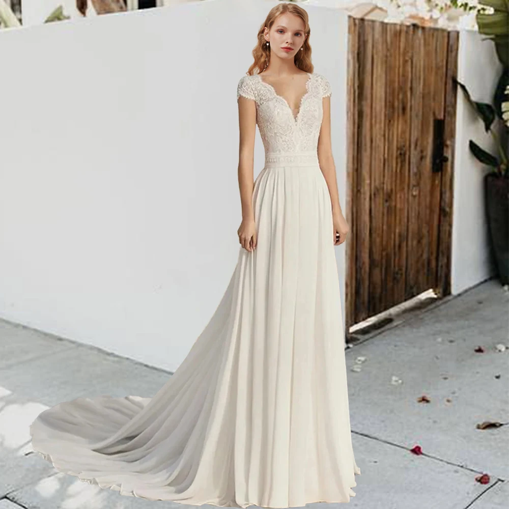 Top Trends: Bohemian V Neck Chiffon Wedding Dress 2023 Short Sleeves Illusion Buttons Back Lace Bridal Gown Robe De Mariee Court Train Ivory Shoppable Styles