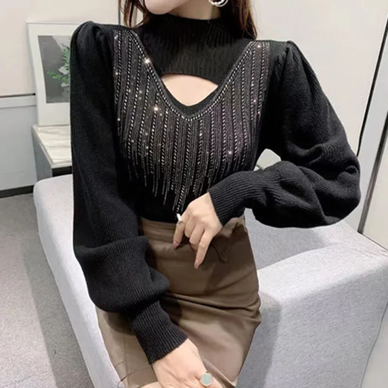 Top Trends: Autumn Winter Fashion Diamonds Spliced Sexy Hollow Out Sweaters Women Elegant All-match Lantern Sleeve Solid Knitted Jumpers Shoppable Styles