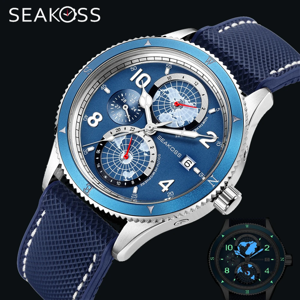 Top Trends: SEAKOSS 100M Men's Diving Watch Fully Automatic Mechanical Watch Year Month 24 Hours Display FKM Strap Super Luminous Wristwatch Shoppable Styles