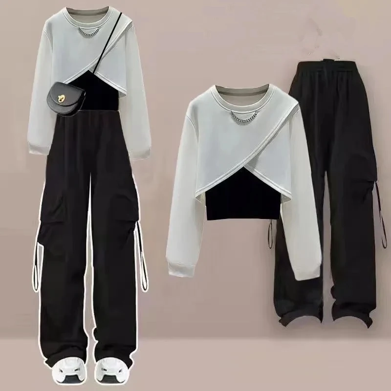 Top Trends: Korean Autumn Women Fashion Sweatshirt Vest Cargo Pants 1 Or 3 Piece Set Lady Fashion Chain Crop Tops Black Trousers Outfit 2023 Shoppable Styles