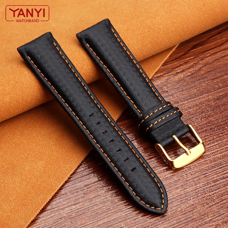 Top Trends: Genuine Leather Bracelet Carbon Fiber Grain Watchband 18mm 20mm Red Orange Stitching Watch Band 21mm 22mm 23mm 24mm Watch Strap Shoppable Styles