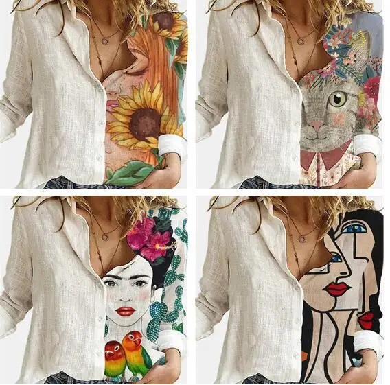 Top Trends: Daily Women's Shirt 2023 New Casual Office Fashion Face Graffiti Printing Polo Collar Long-Sleeved Blouses Button-Down Shirts Shoppable Styles