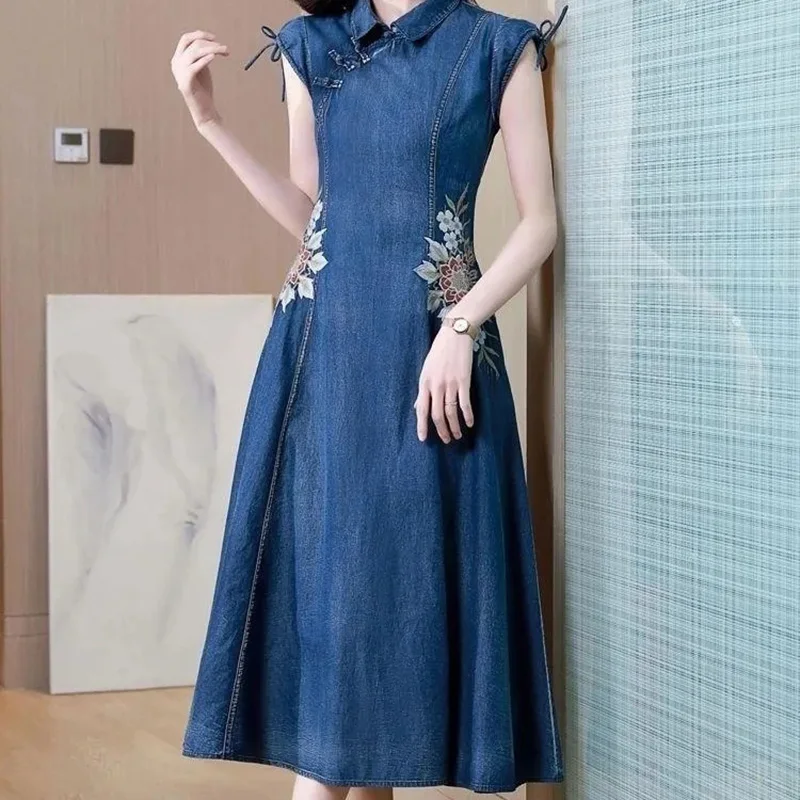 Top Trends: Denim Dress Women 2023 Spring Summer New Retro Slim Elegant Temperament Jeans Dresses Female Large Size Embroidered Skirt Shoppable Styles - Image 3