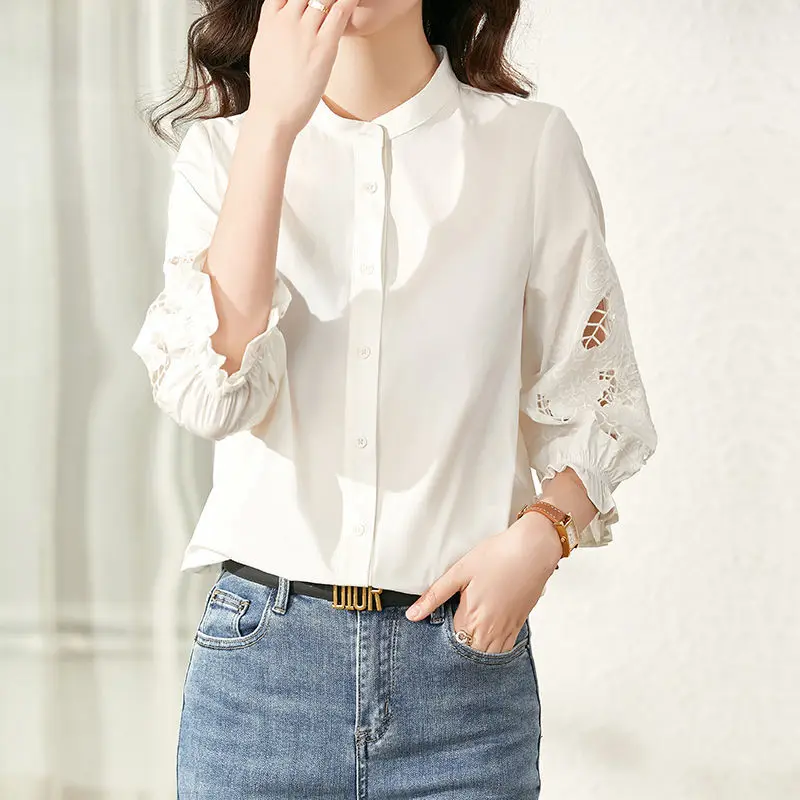 Top Trends: New All-match Office Lady Women Shirt 3 / 4 Sleeve Hollow Out Embroidery Stand Collar Spring Summer Fashion Cotton Cardigan Blouse Shoppable Styles