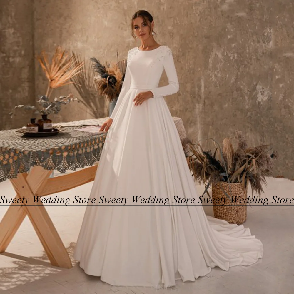 Top Trends: Elegant Wedding Dress Jiayigong Round Neck Long Sleeves Beading Pearls Buttons A Line Sweep Train Vestidos De Novia Bride Gown Shoppable Styles