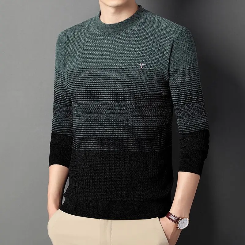 Top Trends: Fashion O-Neck Spliced All-match Gradient Sweaters Men's Clothing 2023 Winter Loose Knitted Casual Pullovers Korean Tops Shoppable Styles