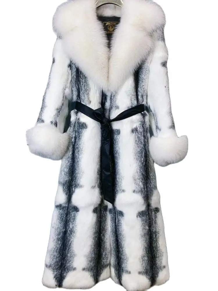 Top Trends: Women Winter Fashion Real Fur Coat X-long Natural Rabbit Fur Jacket With Real Fox Fur Collar Cuffs Winter Jacket Ladies Fur Coat Shoppable Styles