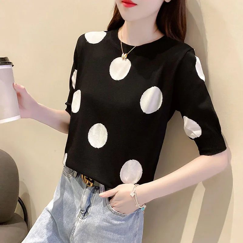 Top Trends: Fashion O-Neck Short Sleeve Printed Polka Dot Blouse Women&#039;s Clothing 2023 Summer New Casual Pullovers Loose Korean Shirt Shoppable Styles