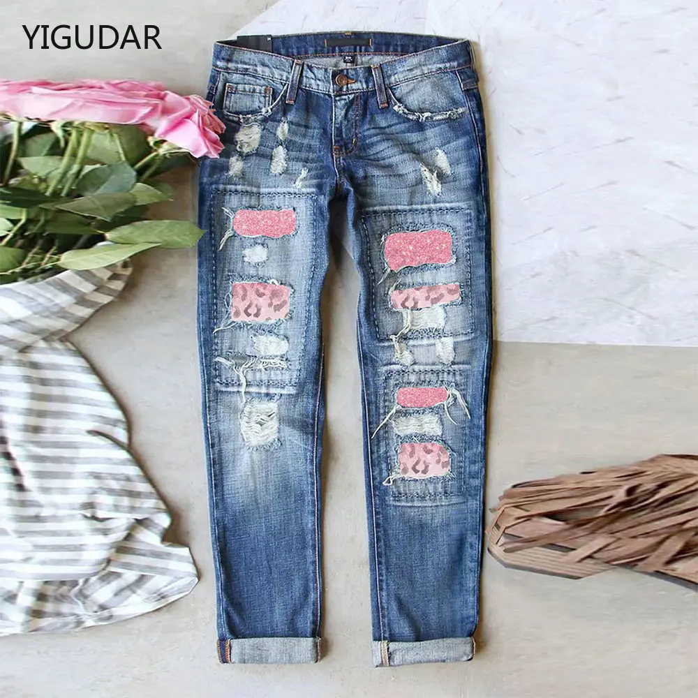 Top Trends: Boyfriend Jeans For Women Cargo Wide Leg Pants Women Fashion Ripped Hole Plaid Patch Patchwork Long Jeans Denim Pants Trousers Shoppable Styles